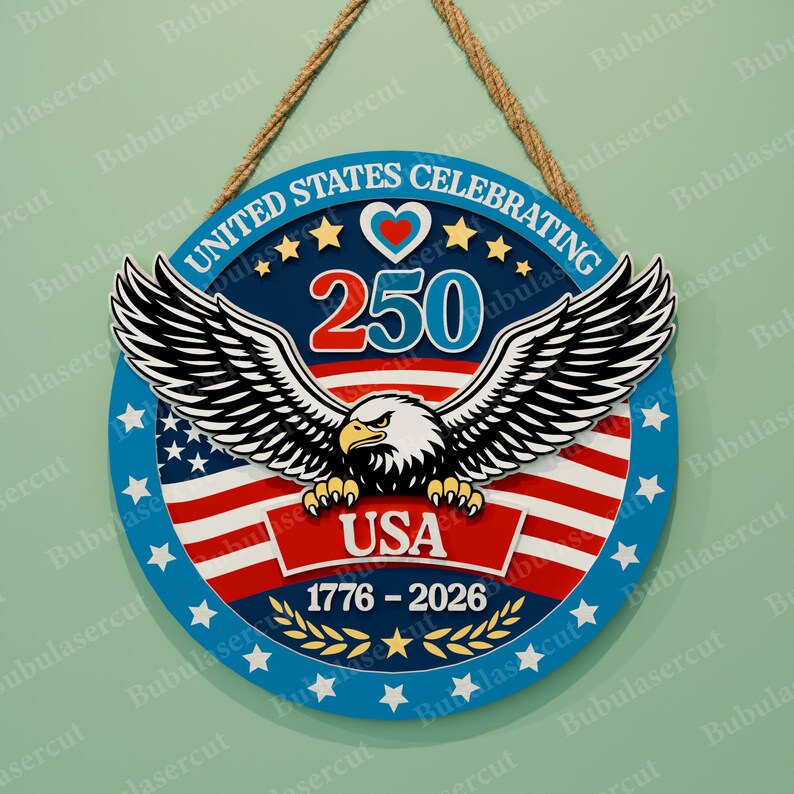 Amerika 250 SVG-paket med 8 patriotiska dörrhängardesigner, 1776–2026 självständighetsdagen laserskurna runda skyltfiler /B498 bild 7