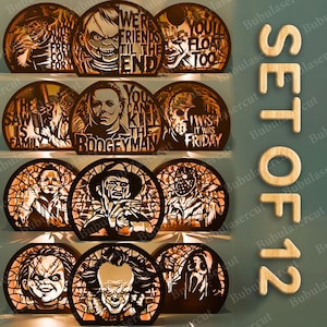 May include: A set of 12 wooden horror movie-themed decorative lamps. Each lamp features a different character or quote from iconic horror films. The lamps are laser-cut with intricate details and are designed to be illuminated.