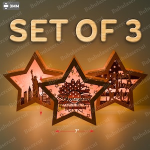 Paquete SVG de linterna de estrella patriótica, caja de luz cortada a láser del 4 de julio, decoración del Día de la Independencia de Estados Unidos, archivos Glowforge /B139