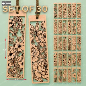 May include: Set of 30 wooden bookmarks with floral designs. Each bookmark is 1.6 inches by 6.2 inches. The bookmarks are laser cut with intricate flower patterns and are connected with a brown string.