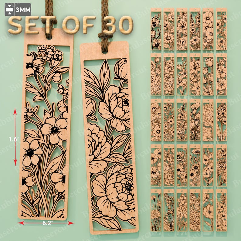 May include: Set of 30 wooden bookmarks with floral designs. Each bookmark is 1.6 inches by 6.2 inches. The bookmarks are laser cut with intricate flower patterns and are connected with a brown string.