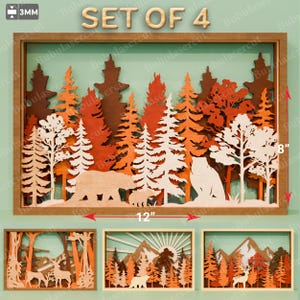May include: A set of four wooden layered art pieces. The main piece is a forest scene with trees, bears, and an owl, measuring 12 inches wide and 8 inches tall. The other three pieces feature similar forest and mountain themes.