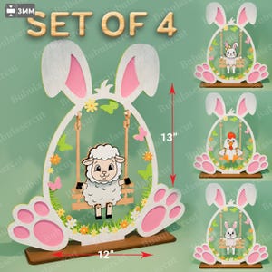 May include: Set of 4 Easter-themed wooden decorations. Each piece features a bunny shape with a cutout design, including a lamb, a bunny, and a chicken on swings. The largest piece is 13 inches tall and 12 inches wide.