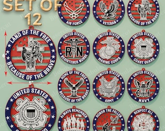 Set di 12 ornamenti militari, design patriottico per veterani, regalo per esercito, marina, aeronautica, marine, decorazione commemorativa in legno tagliato al laser /B348