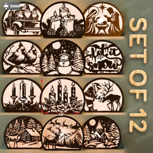 Könnte beinhalten: Ein Set aus 12 lasergeschnittenen Weihnachtsdekorationen aus Holz. Jedes halbkreisförmige Stück zeigt eine andere Urlaubsszene, darunter Kerzen, Weihnachtsmann, Rentiere und Winterlandschaften. Das größte Stück ist 25,4 cm breit und 20,3 cm hoch.