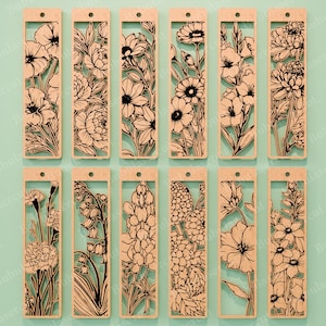 May include: A collection of twelve wooden bookmarks with intricate floral designs. Each bookmark features a different flower, laser-cut with detailed lines and shapes. The bookmarks have a rectangular shape with a small hole at the top for a tassel or string.