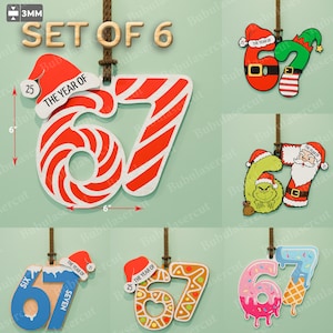 May include: Set of six Christmas ornaments, each featuring the numbers 67. Designs include candy cane, elf, Santa, Grinch, blue wood, gingerbread, and ice cream. Each ornament is approximately 6 inches in height.