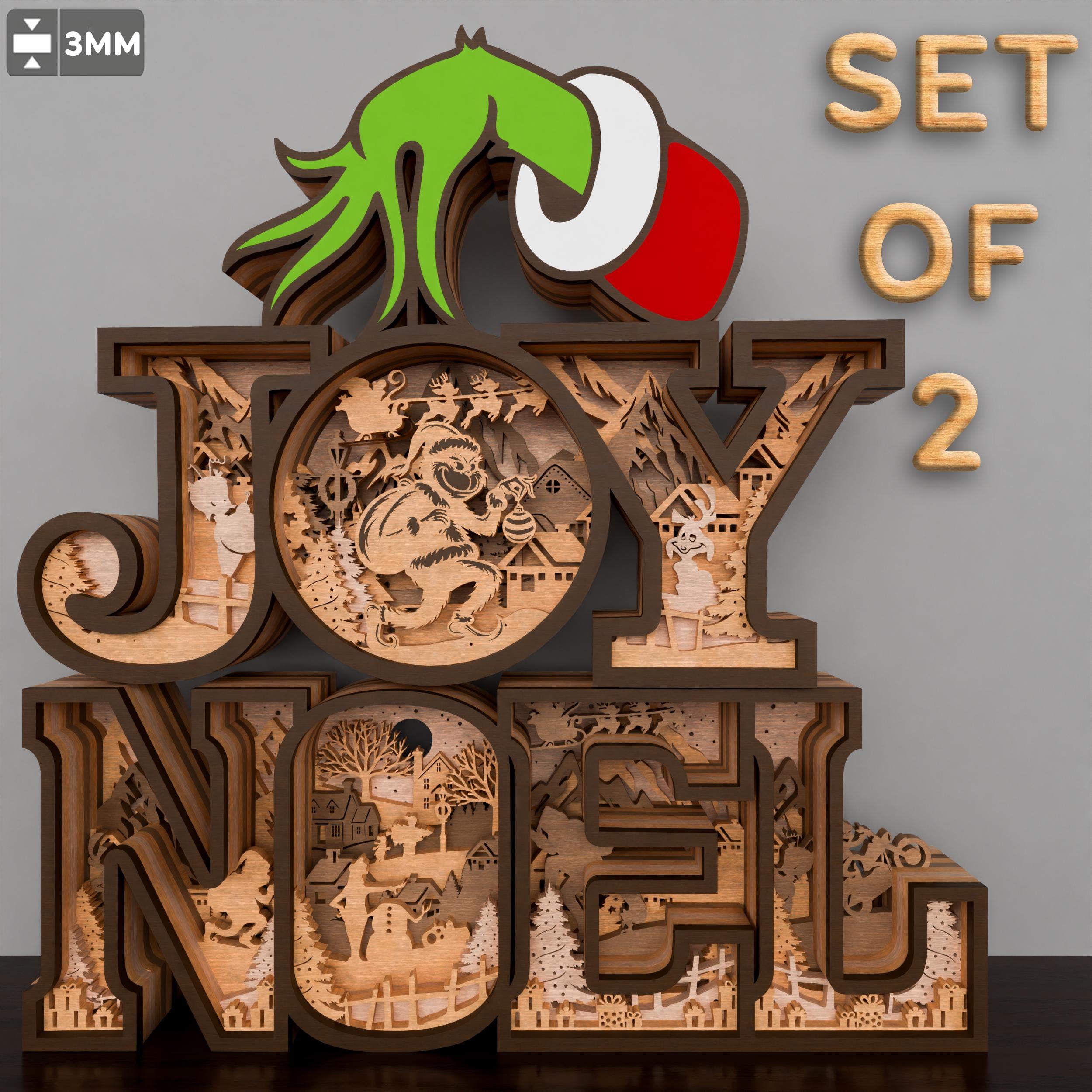 Personaje navideño multicapa cortado con láser, multicapas navideñas, JOY NOEL SVG, multicapas SVG, Glowforge navideño, decoración navideña, P577