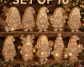 Jultomte LED-lampa SVG-paket, lager av högtidsnattlampa laserskuren fil, vintertomtedekor, träjulklapp /B658