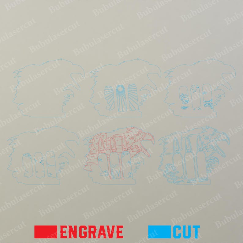 Pu&ograve; includere: Un file di progettazione digitale per il taglio laser di un'opera d'arte murale decorativa. Il design presenta una serie di forme intricate e sovrapposte in un colore blu chiaro. Le parole "INCISIONE" e "TAGLIO" sono stampate in rosso e blu, rispettivamente, nella parte inferiore dell'immagine.