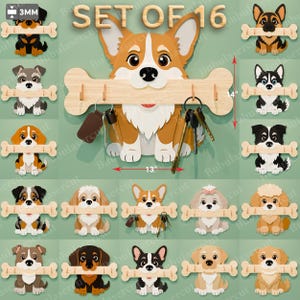 Pode incluir: Um conjunto de porta-chaves de madeira com tema de cães. A peça principal apresenta um design de cão Corgi segurando um porta-chaves em forma de osso, 33 cm de largura e 36 cm de altura. Inclui 16 designs de cães. O texto "SET OF 16" é visível.