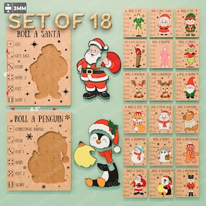 Op de afbeelding: Een set van 18 houten spelstukken met kerstthema. Bevat een Santa- en pinguïnspel, elk met een houten bord van 20.3 cm bij 16.5 cm. De set bevat verschillende feestelijke personages en spelcomponenten.