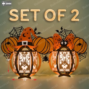 Set di 2 lanterne di zucca di Halloween, decorazioni luminose con Topolino e Minnie, in legno a strati, tagliate al laser, per lavoretti di Halloween /B198