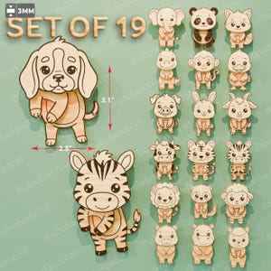 May include: A set of 19 wooden animal cutouts featuring various creatures like a dog, zebra, elephant, and panda. The pieces are 3mm thick, with the dog measuring 3.1 inches in height and 2.5 inches in width. Each figure has a light wood finish.