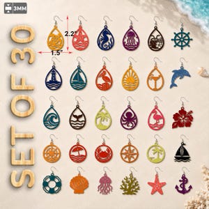 May include: A set of 30 colorful drop earrings featuring various nautical and tropical designs, including sea creatures, plants, and maritime symbols. Each earring measures 2.2 inches in height and 1.5 inches in width, with a thickness of 3mm.