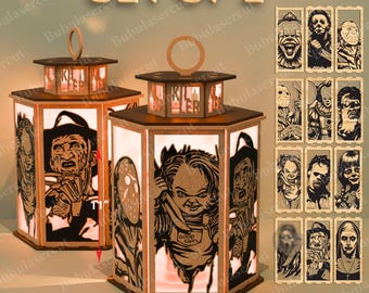 Halloween Horror Lantern Bundle, Spooky Candle Holder Shadow Box, Scary Haunted House Decor,  Halloween Gift Idea, Horror Character svg/B294