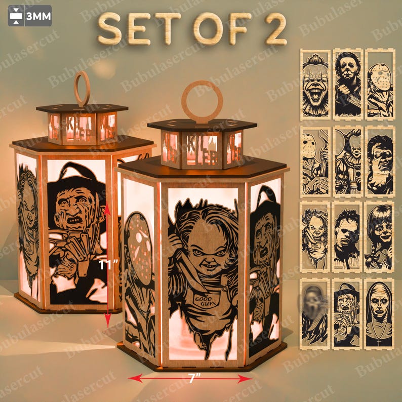 May include: Set of two wooden horror movie-themed lanterns. Each lantern is 7 inches wide and 11 inches tall, featuring iconic characters. The lanterns have a hexagonal shape with a handle on top. Includes a set of character cutouts.