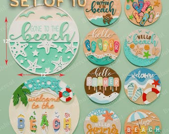 Beach Summer Round Sign SVG Bundle, 10 Coastal Door Hanger Designs, Layered Digital Files for Tropical Beach House Wall Decor /B166