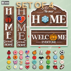 Könnte beinhalten: Ein Set aus vier Holzschildern für die Heimdekoration mit austauschbaren saisonalen Akzenten. Die Schilder enthalten Designs wie "HOME" und "WELCOME" mit einer Vielzahl von dekorativen Elementen. Die Schilder sind 30 cm lang.