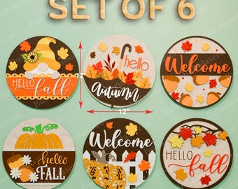 Fall Door Sign SVG Set of 6 Hello Autumn Pumpkin Leaf Welcome Cut Files, Round Wood Layered Decor for Front Porch or Thanksgiving Decor/B183