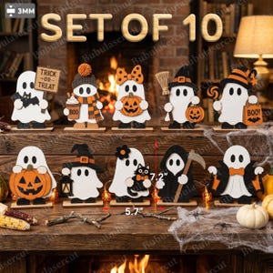 May include: A set of 10 wooden ghost figurines for Halloween, each 3mm thick and 7.2 inches tall by 5.7 inches wide. The ghosts feature various accessories including pumpkins, a broom, a black cat, a lantern, a sign reading TRICK OR TREAT, and a bag labeled BOO.