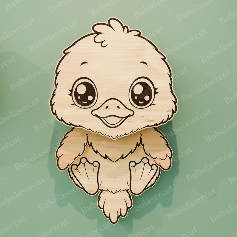 May include: A wooden cutout of a cartoon bird with large, expressive eyes and a smiling beak. The bird is light brown with darker outlines, and its wings and feet are visible. The background is a solid teal color.