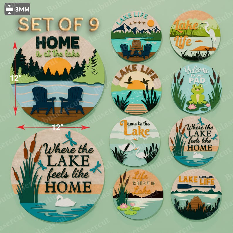 May include: A set of nine wooden lake-themed signs, each 12 inches in diameter. Designs include Adirondack chairs, sunsets, and phrases like "Home is at the lake" and "Lake Life." The signs feature various colors and lake-related imagery.