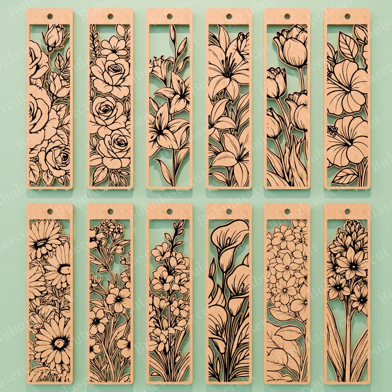 May include: A collection of twelve wooden bookmarks with intricate floral designs. Each bookmark features a different flower, including roses, lilies, and tulips, cut out in a detailed, black outline. The bookmarks are rectangular with a small hole at the top.