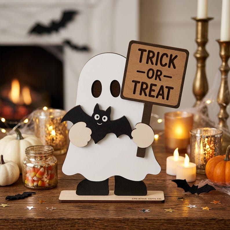 May include: A white wooden ghost cutout standing on a base, holding a black bat and a brown sign with the black text TRICK-OR-TREAT. The ghost has two oval eye cutouts, and the sign is attached to a brown post held by the ghost's light-colored hands.