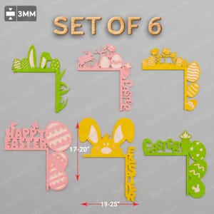 May include: Set of six laser cut wooden corner pieces with Easter themes. The designs include a bunny, eggs, flowers, and the words "Happy Easter". The pieces are approximately 17 to 20 inches tall and 19 to 25 inches wide.
