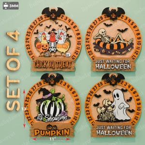 May include: Set of four Halloween-themed wooden decorations. Each features a circular design with a countdown calendar. Designs include chickens, a skeleton, a pumpkin, and a ghost with dogs. Each is approximately 11 inches wide and 13 inches tall.