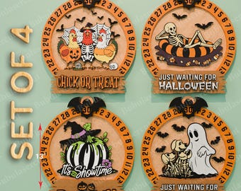 ハロウィンカウントダウンサインSVGバンドル、不気味なひよこかおやつカレンダーラウンドサイン、面白いスケルトン犬パンプキン秋の装飾（レーザーカット用）/B228