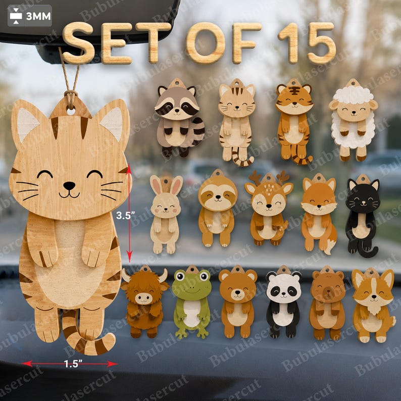 May include: Set of 15 wooden animal ornaments. The set includes a large cat ornament, 3.5 inches tall, and smaller ornaments of a raccoon, tiger, sheep, bunny, sloth, deer, fox, cat, bull, frog, bear, panda, and corgi.