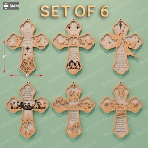 May include: A set of six wooden crosses, each 15 cm tall and 10 cm wide. The crosses have detailed laser-cut designs depicting biblical scenes and text. The text includes phrases from the Bible. The crosses are made of 3mm thick wood.
