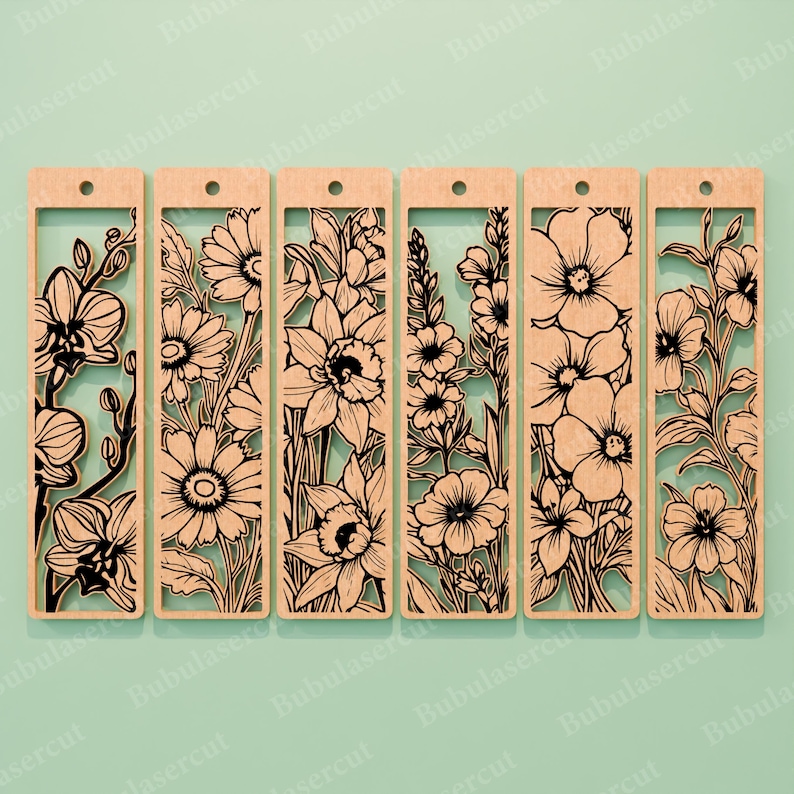 May include: Set of six wooden bookmarks featuring intricate laser-cut floral designs. Each bookmark showcases a different flower, including orchids, daisies, and daffodils, with a rectangular frame and a hole for a tassel.