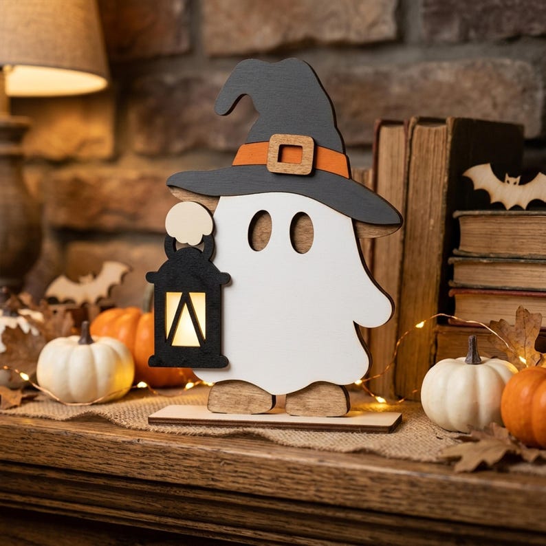 May include: A white wooden ghost figurine wearing a black witch hat with an orange band and buckle. The ghost holds a black lantern with a glowing light. The figure stands on a flat base, featuring cutout eyes and natural wood-toned feet.