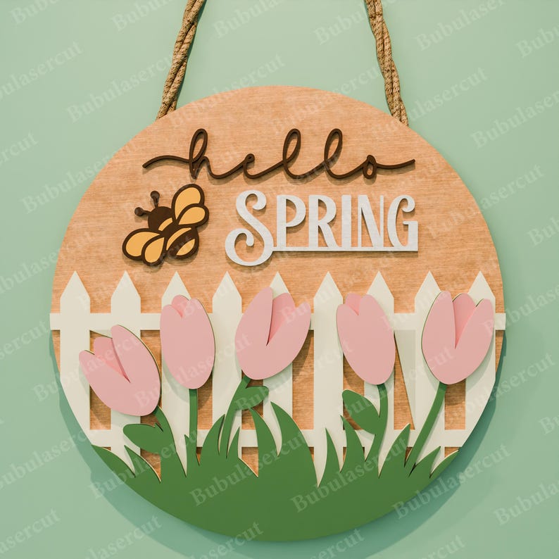 Spring Svg Lasercut, Spring Door Sign Bundle, Hello Spring Round Sign ...