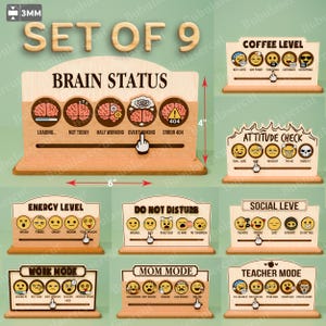May include: A set of nine wooden signs with various mood indicators. The signs include "Brain Status", "Coffee Level", "Attitude Check", "Energy Level", "Do Not Disturb", "Social Level", "Work Mode", "Mom Mode", and "Teacher Mode". The signs are approximately 6 inches wide and 4 inches tall.
