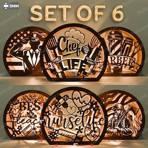 May include: A set of six laser-cut wooden decorative pieces. Each piece is a circular design with a profession-themed silhouette, including a chef, barber, nurse, teacher, firefighter, and a military figure. The text "SET OF 6" is at the top.
