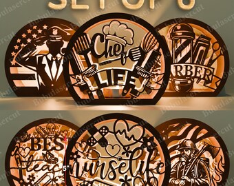 American Job Silhouette Wooden Lantern Set, Chef, Nurse, Police, Firefighter, Teacher, Barber, Laser Cut Light Box SVG Bundle /B196