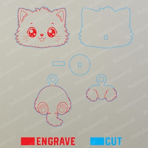 May include: A collection of laser-cut cat-themed designs in red and blue outlines. The designs include a cat face, a cat silhouette, a cat rear, and other shapes. The word "ENGRAVE" is in red, and "CUT" is in blue.