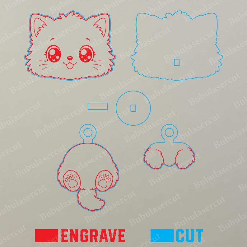 May include: A collection of laser-cut cat-themed designs in red and blue outlines. The designs include a cat face, a cat silhouette, a cat rear, and other shapes. The word "ENGRAVE" is in red, and "CUT" is in blue.