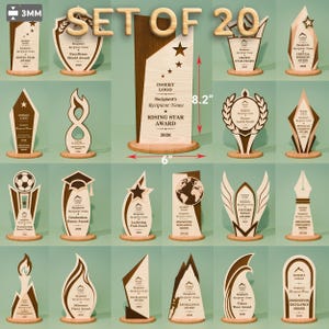 May include: A set of 20 wooden awards featuring various shapes like stars, shields, and flames. Each award has a light wood face with dark wood accents and text including 'Recipient Name' and '2026'. One central award shows dimensions of 8.2 inches by 6 inches.