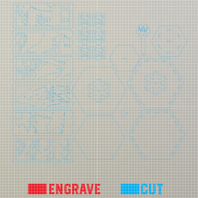 May include: A laser cut design template for a hexagonal box. The design includes a hexagonal base, six hexagonal sides, and a hexagonal top. The template is marked with "ENGRAVE" and "CUT" to indicate which lines should be engraved and which should be cut.
