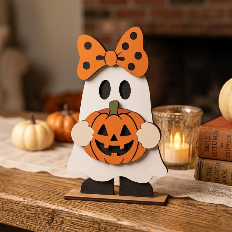 May include: A freestanding wooden ghost decoration featuring a white body, black feet, and an orange bow with black polka dots. The ghost holds an orange jack-o'-lantern with a green stem and black cutouts for eyes and a smiling mouth.