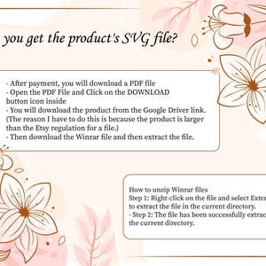 May include: A pink and white floral background with a text box that explains how to download and extract a product's SVG file. The text reads: 'How do you get the product's SVG file? - After payment, you will download a PDF file - Open the PDF File and Click on the DOWNLOAD button icon inside - You will download the product from the Google Driver link. (The reason I have to do this is because the product is larger than the Etsy regulation for a file.) - Then download the Winrar file and then extract the file.' There is a second text box that explains how to unzip Winrar files. The text reads: 'How to unzip Winrar files Step 1: Right-click on the file and select Extract Here to extract the file in the current directory. - Step 2: The file has been successfully extracted in the current directory.'
