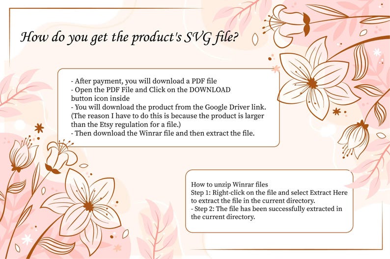 May include: Instructions on how to download a product's SVG file.  A pink background features floral illustrations. Text explains downloading a PDF, clicking a download button, accessing a Google Drive link, downloading a WinRAR file, and extracting the file.  Additional steps detail how to unzip WinRAR files using a right-click and 'Extract Here' option.