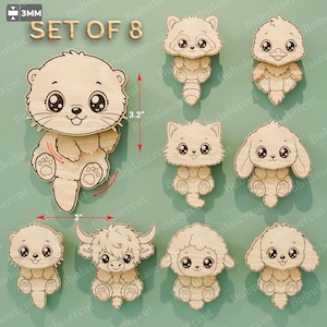 May include: Set of 8 wooden animal cutouts, each approximately 3 inches wide and 3.2 inches tall. The set includes an otter, raccoon, duck, cat, bunny, dog, sheep, and a highland cow. The text "SET OF 8" is visible in the top left corner.