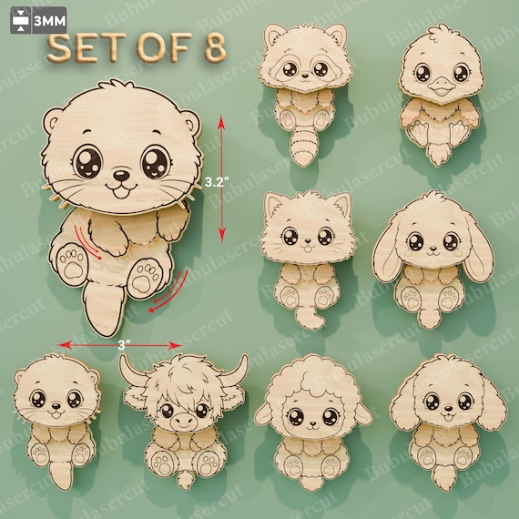 Cute Animal Magnet Laser Cut Bundle, Kawaii Fridge Magnet Set, Baby Animal Wooden Decor, Kids Gift Idea, DIY Craft Magnet /B582