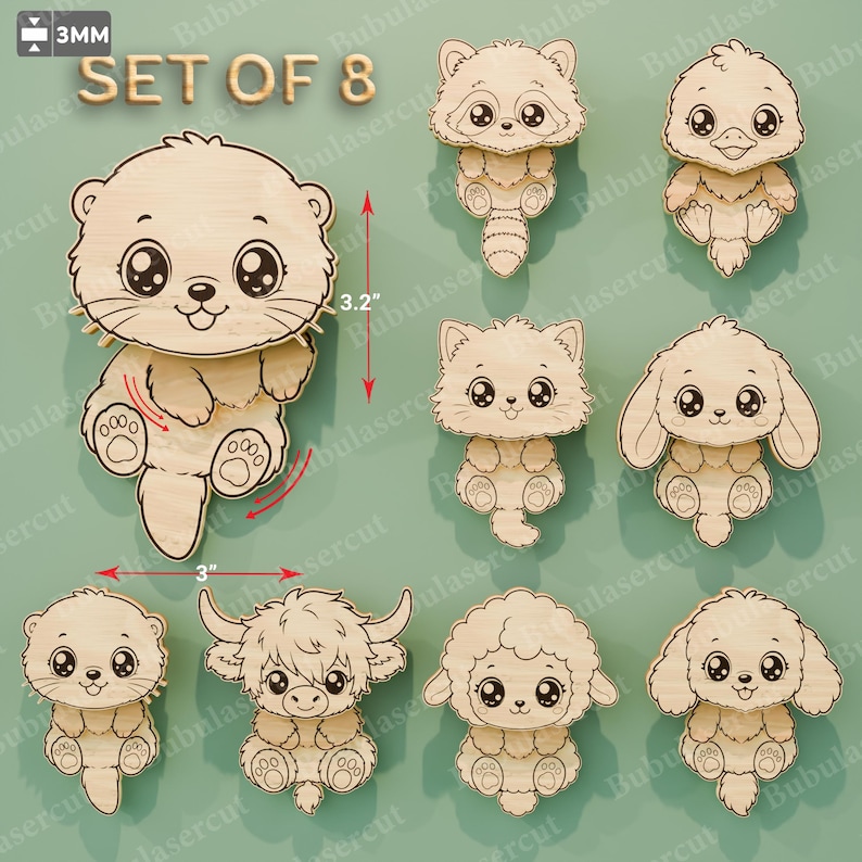May include: Set of 8 wooden animal cutouts, each approximately 3 inches wide and 3.2 inches tall. The set includes an otter, raccoon, duck, cat, bunny, dog, sheep, and a highland cow. The text "SET OF 8" is visible in the top left corner.
